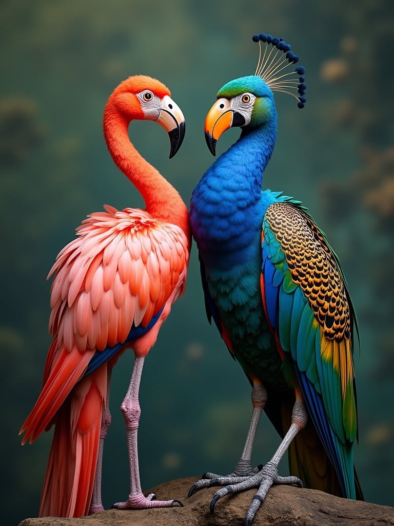 An artistic representation featuring a cross between a flamingo and a peacock alongside a colorful parrot. The flamingo is vibrant pink while the peacock is a combination of blue and green reflections. They stand close together, showcasing their feathers. The backdrop is soft and neutral, enhancing their brilliance.