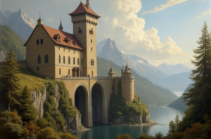 The image depicts a grand castle perched on a rocky cliff overlooking a tranquil lake, surrounded by mountains.