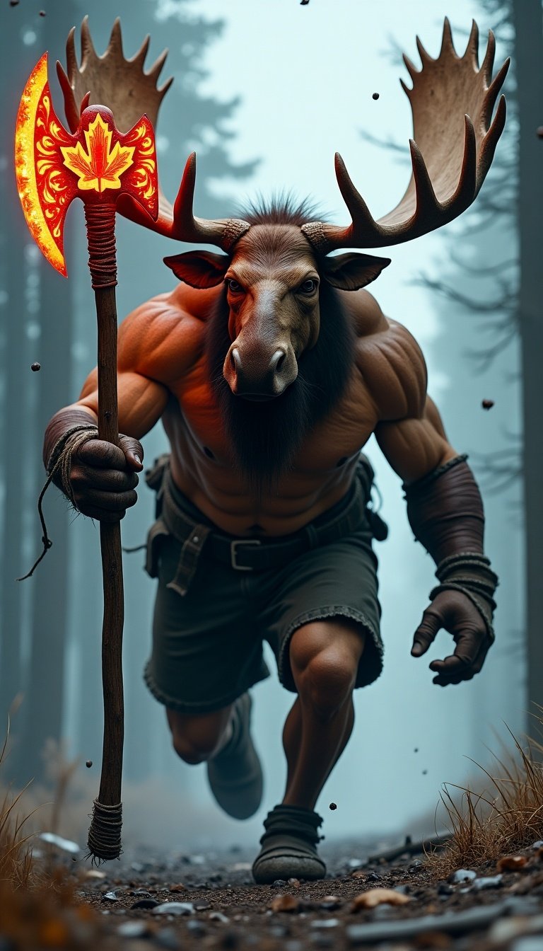 This imaginative illustration depicts a hybrid creature that is part lumberjack and part moose, representing the Taurus zodiac sign. The character possesses a massive, muscular body with the head of a majestic moose, featuring glowing antlers that exude earthy energy. In its hand, it wields a vibrant battle axe, intricately detailed with maple leaf designs, signifying Canadian heritage. The hybrid charges forward with intense determination, set against the backdrop of a dark, snow-fallen forest. The environment enhances the cinematic quality of the illustration with a sense of urgency and strength.