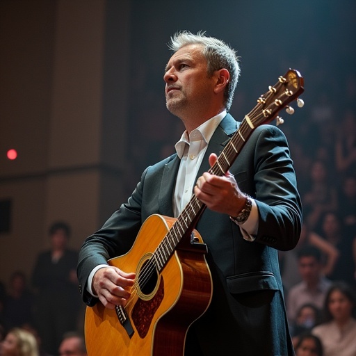 A musician in formal attire performs passionately on stage with an acoustic guitar during a show. The audience is blurred in the background, creating an intimate concert atmosphere.