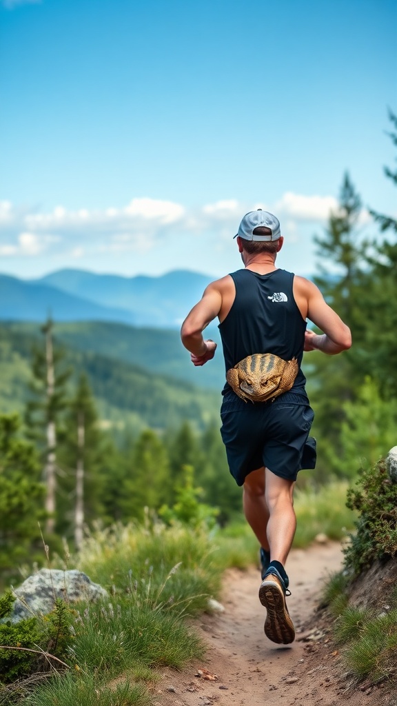 A person running on a mountain trail surrounded by lush greenery and clear blue skies, captured from behind at an eye-level perspective.