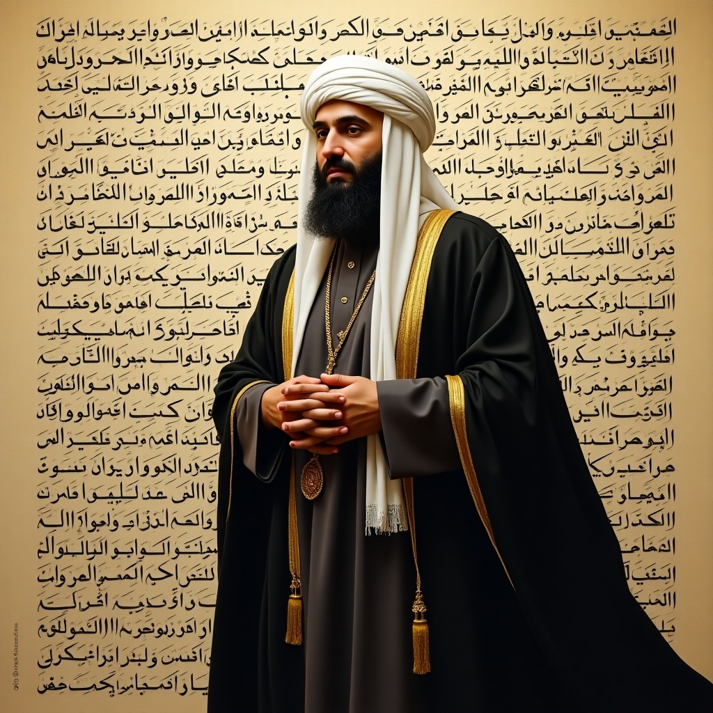 The image features a Sheikh Imam standing prominently against a backdrop filled with intricate Arabic calligraphy. The calligraphy conveys powerful messages, reflecting cultural and social themes. The Sheikh wears traditional attire, characterized by flowing robes and a distinct headdress, conveying a sense of authority and respect. The warm lighting accentuates his features and the intricate details of his attire. The overall composition emphasizes the blend of spirituality and culture, inviting viewers to reflect on the meaning behind the words in the background.