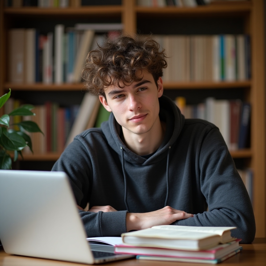 19 year old student sitting at a table with books and a laptop in a library-like setting. Youthful appearance with curly hair and casual clothing. Focused expression while looking at the camera.