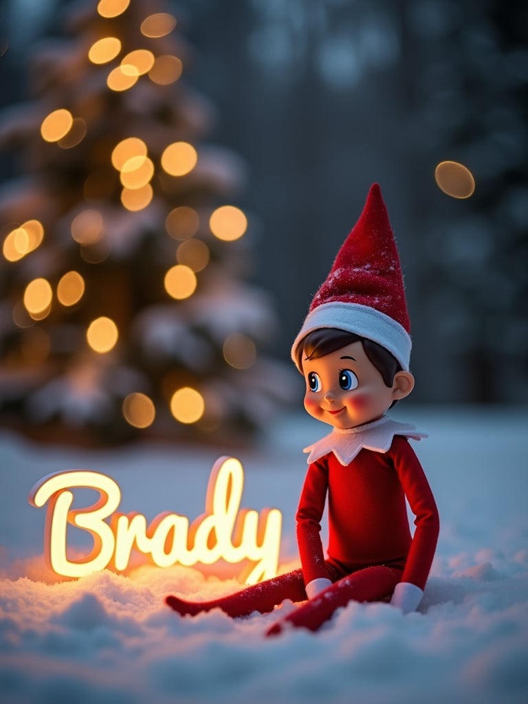 Elf character in red outfit sits in snow next to glowing cursive name Brady. Soft Christmas lights twinkle in background.