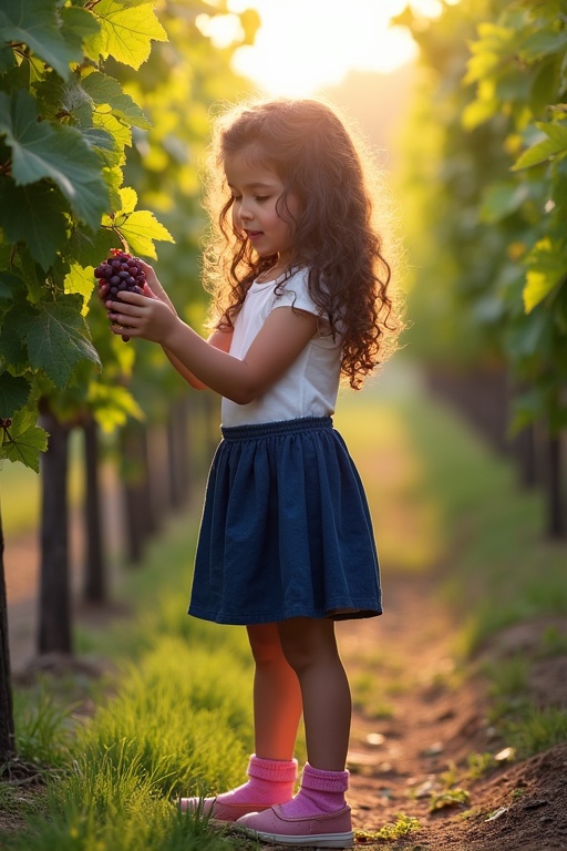 A girl explores grapes among vineyard rows. A short white top paired with a dark blue skirt is worn with pink ankle socks and shoes. Dark brown curly hair frames her face as she inspects grapes. Late summer sun casts a warm glow over the green vines and earth.