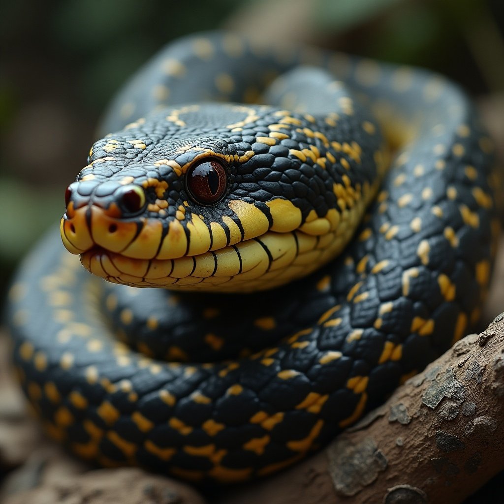 A fat snake with a black and yellow pattern rests on a branch. The snake is coiled up with a focus on its detailed face and scales. Natural outdoor setting without distractions.