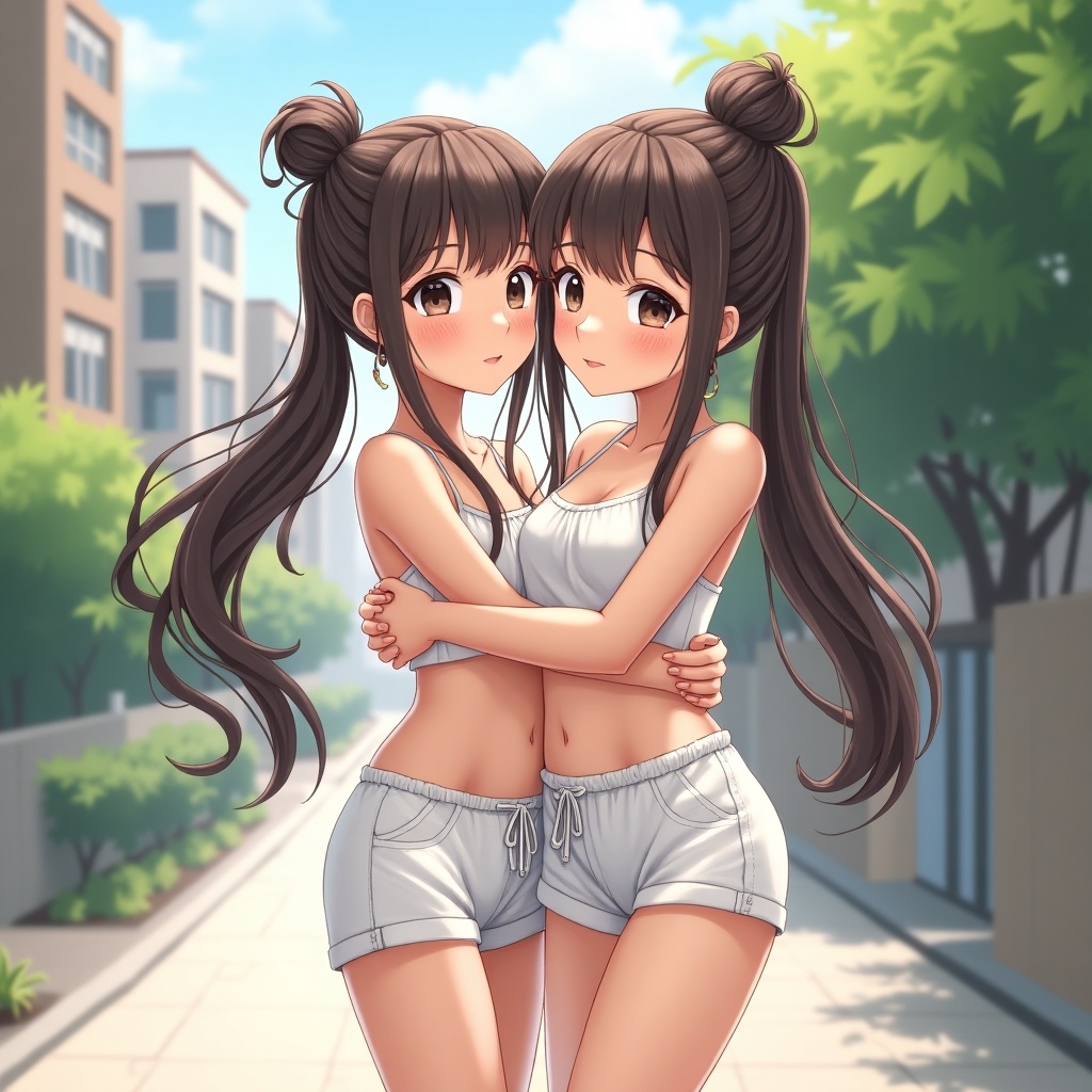 Anime illustration of two girls with long hair in buns hugging outdoors. One girl in a white two-piece outfit looks soft and relaxed. The other has a clean bun and appears masculine. Background has buildings and greenery, suggesting summer.