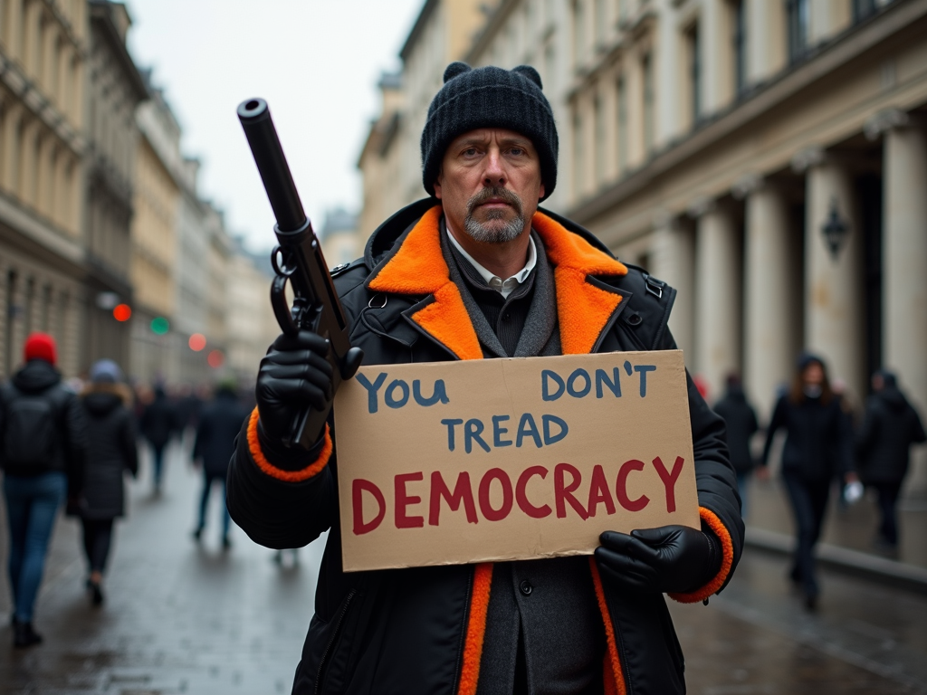 A man holds a sign saying 'You don't tread democracy' in a crowded street.