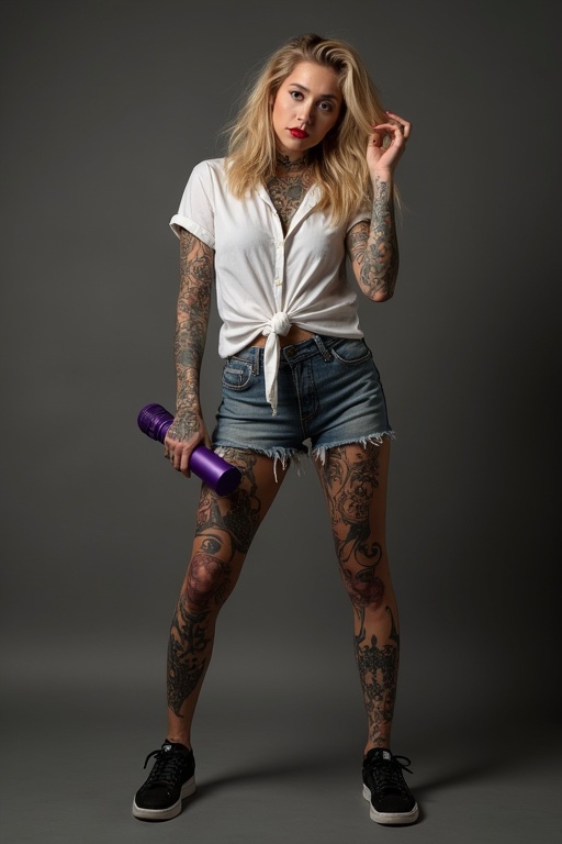 A beautiful young woman poses confidently in a tie-front shirt and denim shorts. She has an athletic build and shows a variety of tattoos on her arms and legs. The woman is holding a purple microphone and wears black sneakers. The background is grey with focused lighting accentuating her features.