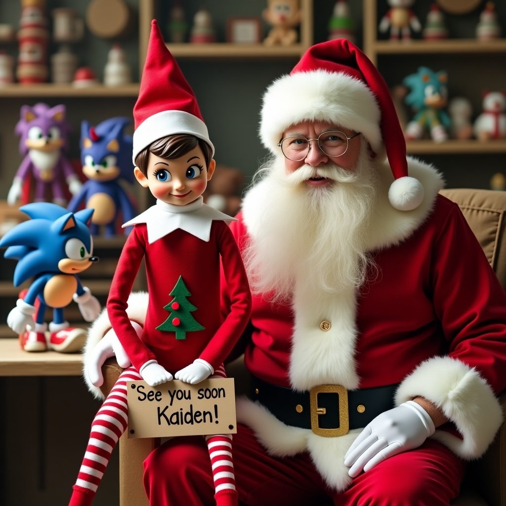 Elf on the shelf in traditional red outfit with white stripes and Christmas tree on the chest and white collar holding a sign that says 'See you soon Kaiden!' sitting with Santa in toy workshop with Sonic toys in the background.