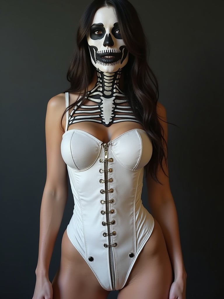 Full body image of a woman wearing a white corset with skeleton body art. The corset has buttons and creates a striking silhouette. The background is plain black emphasizing the model and outfit. Soft lighting enhances the curves and design details of the corset.