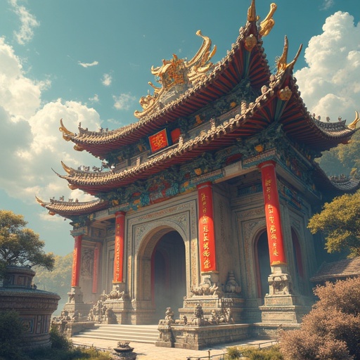 A historical Chinese temple stands majestically with intricate carvings. Bright red banners hang on the walls. Golden dragon motifs adorn the structure. Lush greenery surrounds the temple. Soft sunlight filters through the clouds creating an ethereal effect.