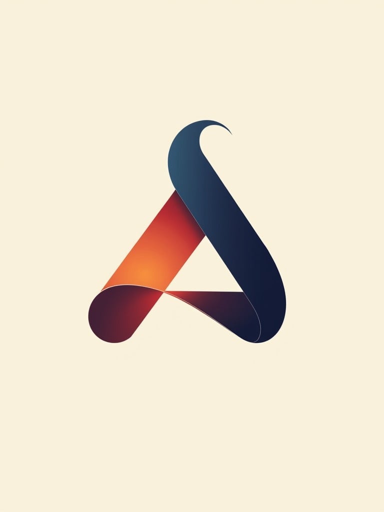 Stylized letter A crafted with a ribbon-like design. Dark blue combined with red and orange shades. Soft light beige backdrop. Represents modern innovation and creativity. Ideal for technology branding focused on AI.