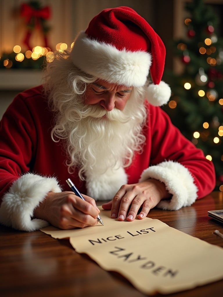 Santa writes on a parchment labeled Nice List. The scene is festive with Christmas decorations. The name ZAYDEN is on the list.