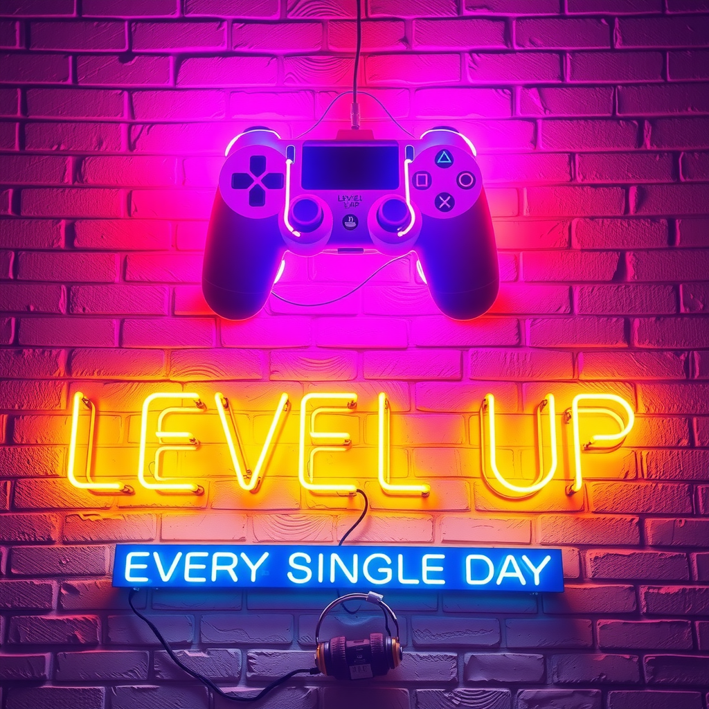 The image displays a vibrant and colorful setting with a neon aesthetic. A glowing neon gaming controller floats above the words 'LEVEL UP' in bright yellow, and below it, another sign reads 'EVERY SINGLE DAY' in blue. The background is a white painted brick wall, enhancing the contrast of the neon colors. Headphones are included in the setup, adding to the gaming theme. The overall ambiance is electrifying and motivational, suggestive of a gamer's room or a gaming-themed establishment.