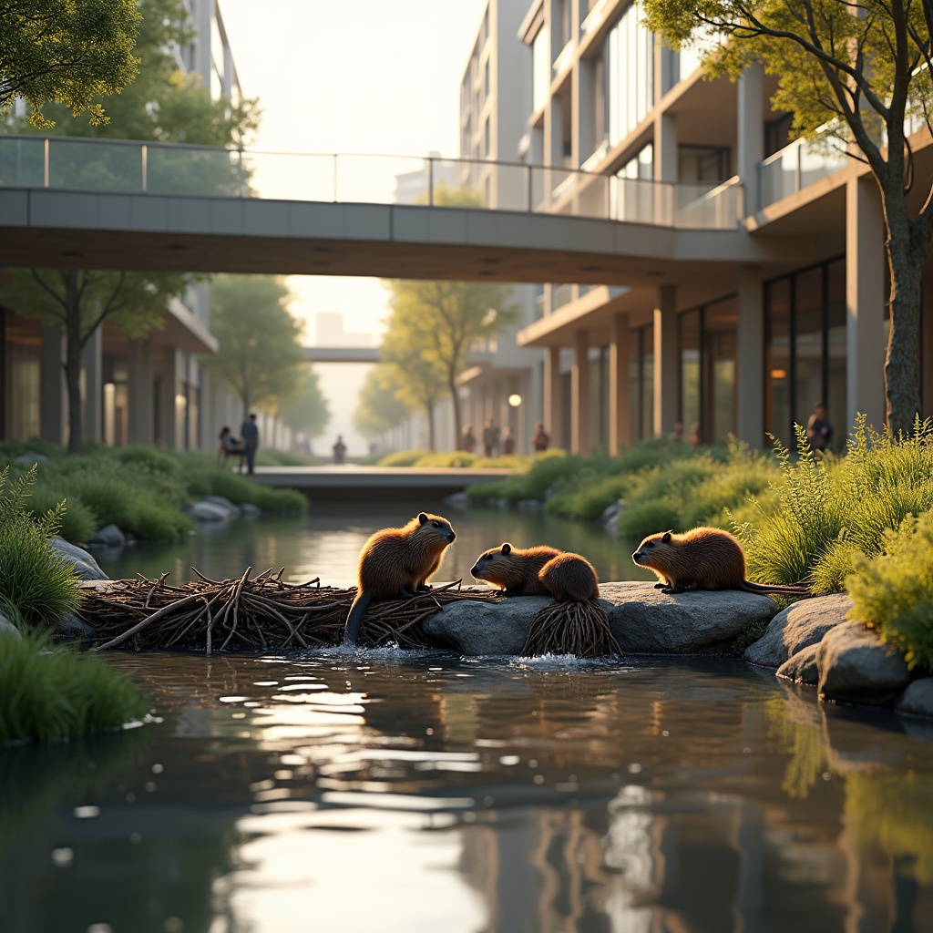 A picturesque urban creek winds through a modern city with nature and architecture blended together. A contemporary staircase invites observation of the surroundings. A beaver family constructs a dam. Baby beavers play with branches. Water flows gently around them. Warm golden light reflects off buildings and greenery. High detail and ultra-realistic textures are present.