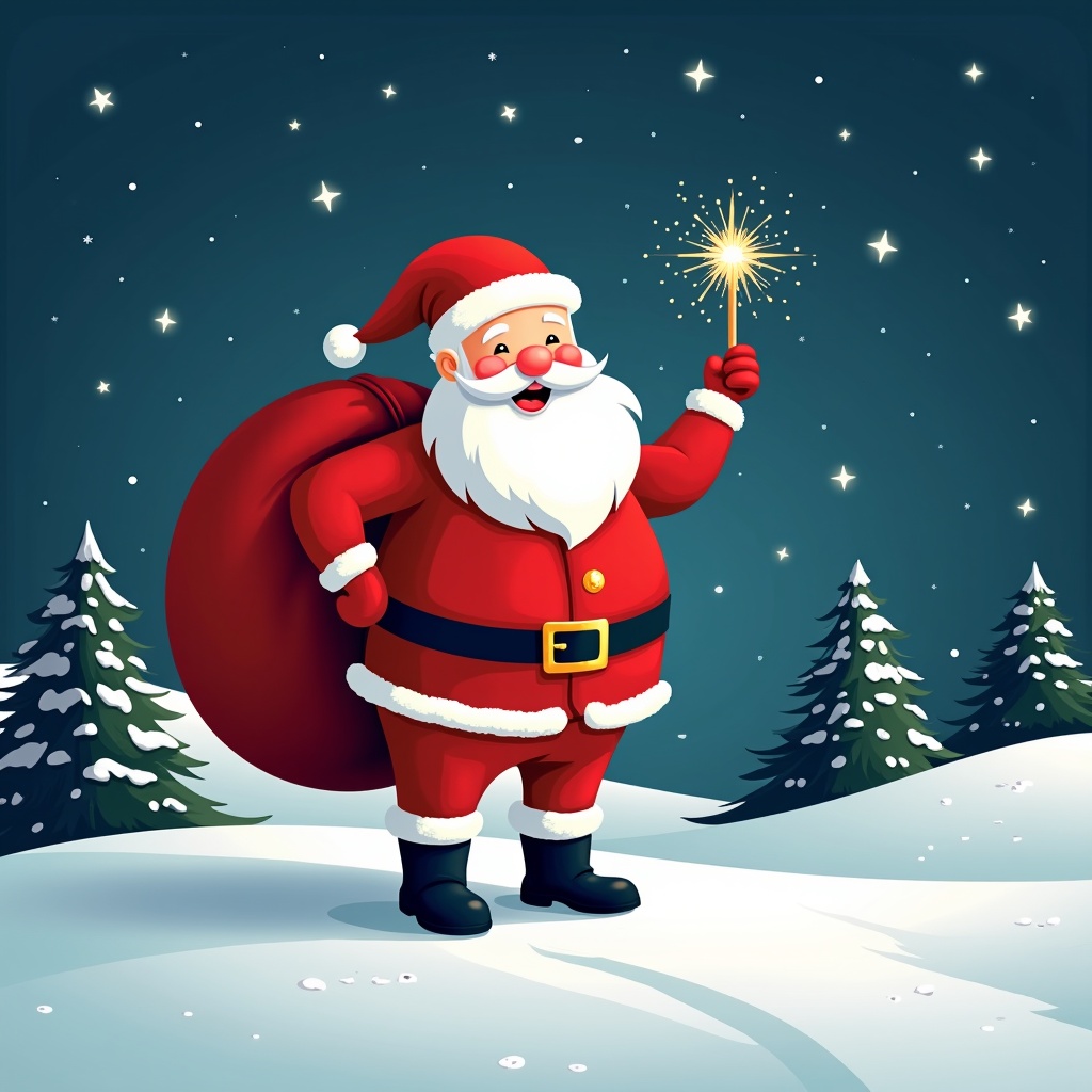 The image features a cheerful Santa Claus standing in a snowy landscape. He has a large red sack slung over his shoulder and is holding a sparkly wand. Santa is dressed in his traditional red and white outfit, complete with a belt and boots. Behind him, the night sky is illuminated with twinkling stars. Pine trees dot the snowy ground, encapsulating a festive winter atmosphere.