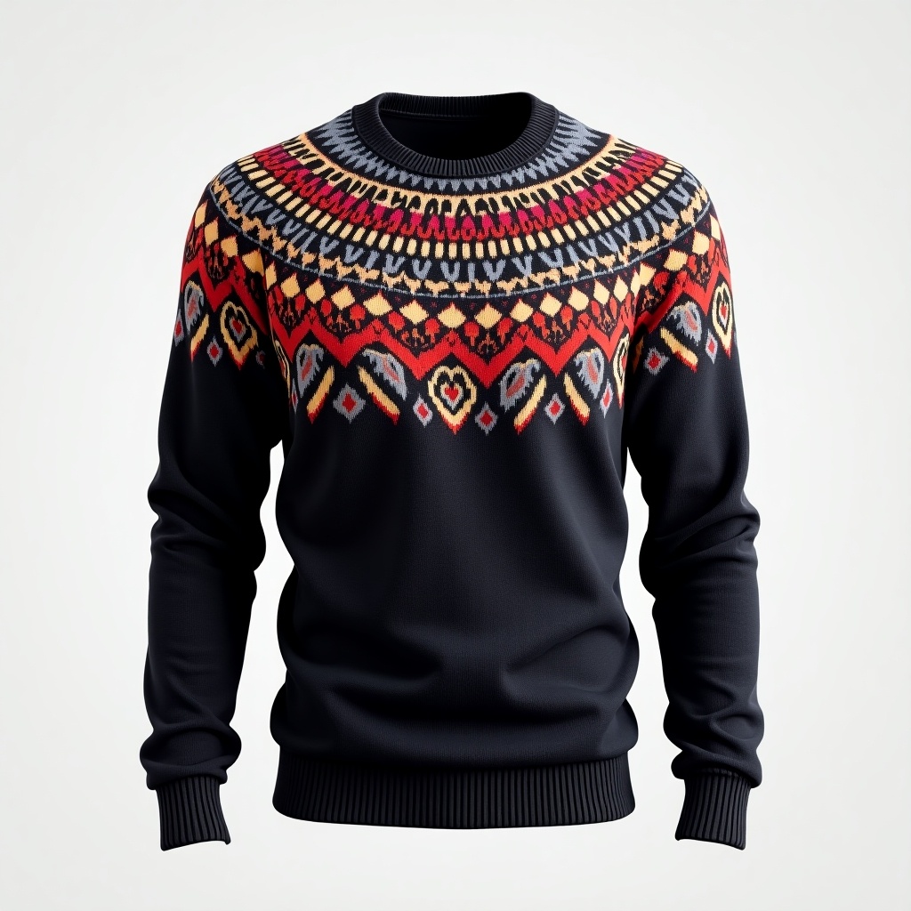 This image features a stylish and cozy sweater designed for both men and women. The sweater is predominantly black with a striking and colorful pattern around the neckline, incorporating hues of red, gray, orange, and white. It has a classic fit, making it versatile for various body types. Perfect for winter fashion, this knitted piece is ideal for casual outings or cozy gatherings. The intricate design adds a contemporary touch while maintaining a comfortable appeal.