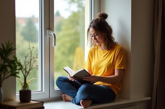 A young woman in a yellow shirt sits on a window ledge, reading a book, with a green plant nearby.