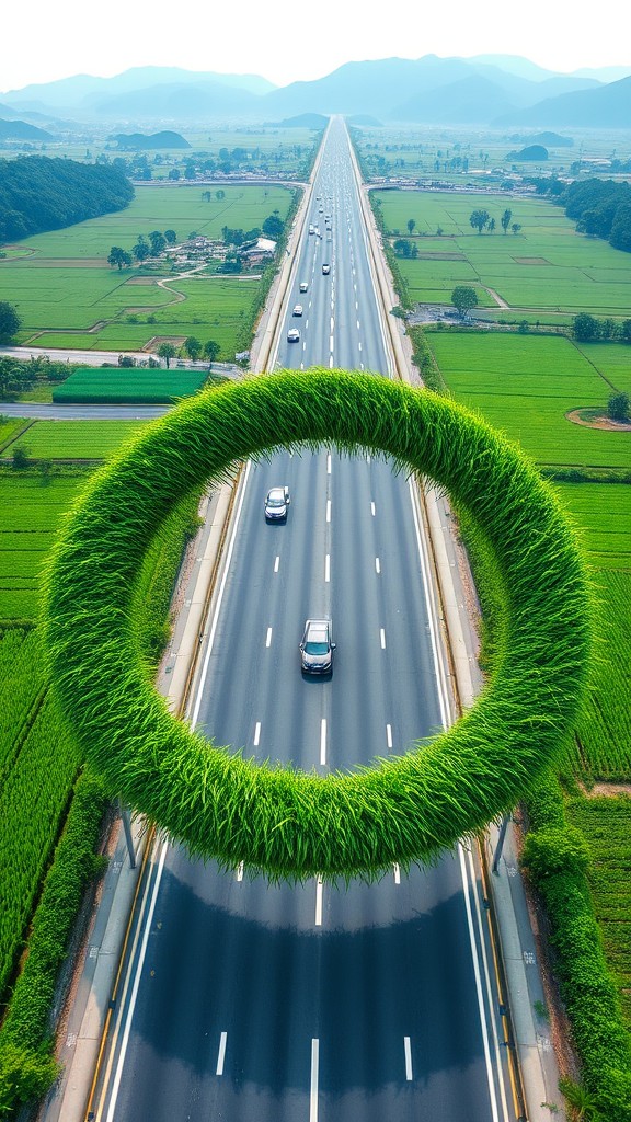 A surreal circular sculpture made of grass intersects a long road amidst sprawling fields.