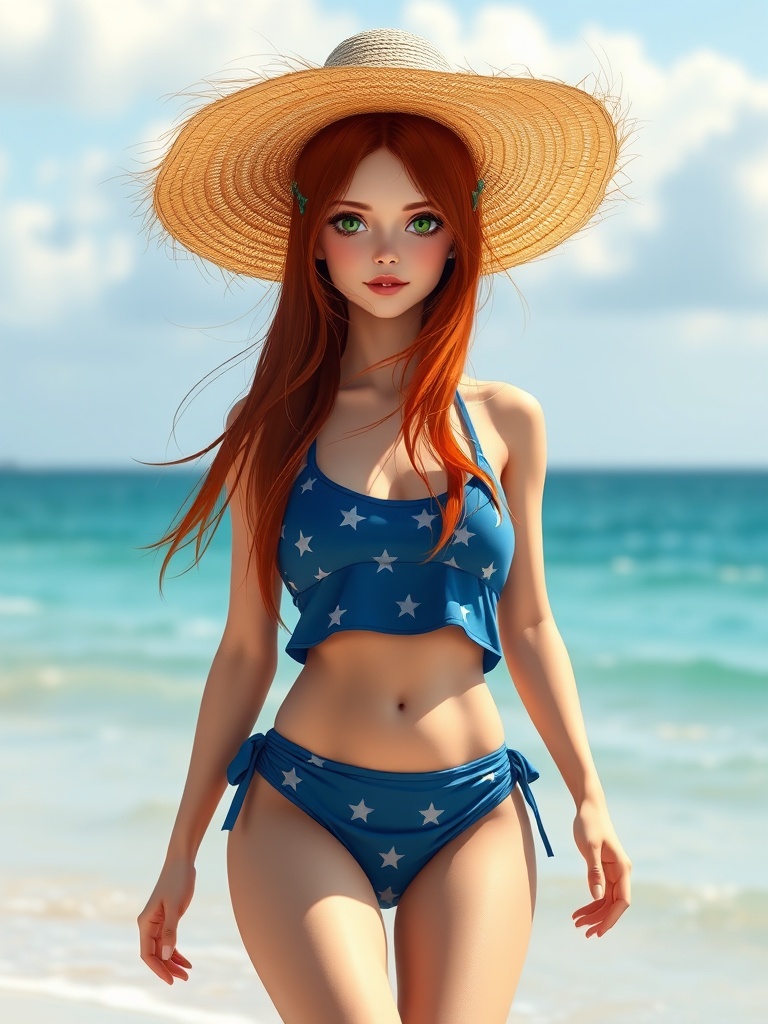 This vibrant illustration depicts a striking character with flowing red hair and bright green eyes, wearing a star-patterned blue bikini and a wide-brimmed straw hat. She stands confidently on a sunlit beach with the ocean as a serene backdrop, evoking warmth and tranquility.