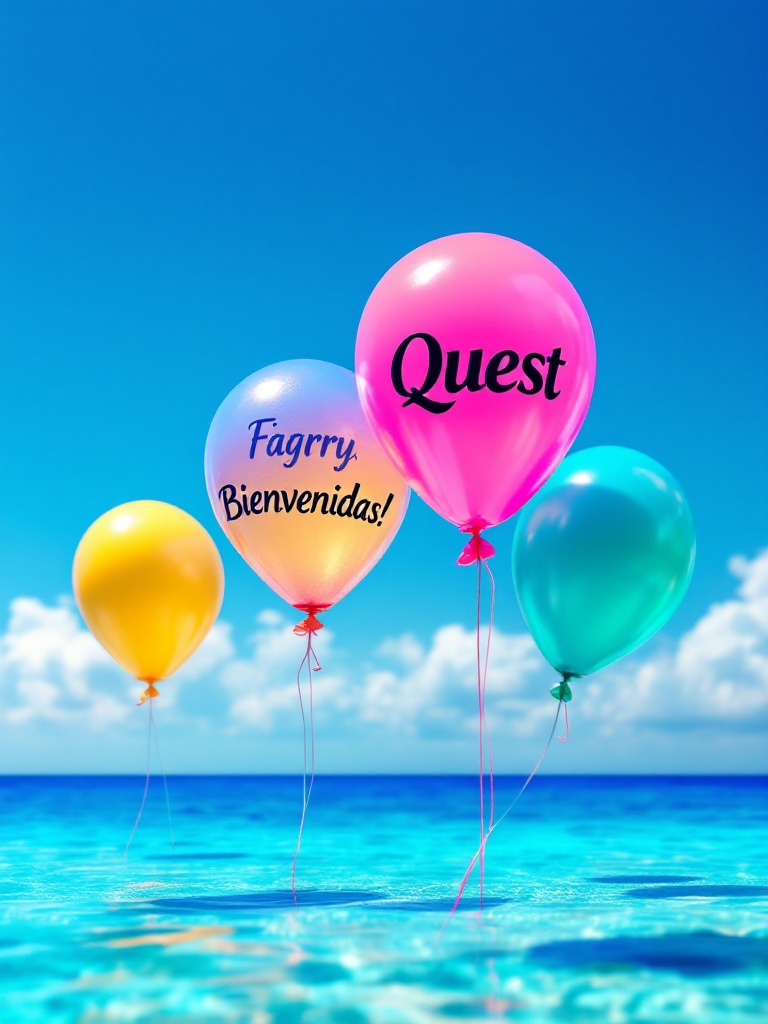 Image features colorful balloons floating over crystal-clear Caribbean Sea. Balloons reflect bright tropical sunlight. One balloon reads 'Quest'. Another balloon says 'Bienvenidas!'. Remaining balloons are plain but vibrant. Scene shows calm sea and clear blue sky.