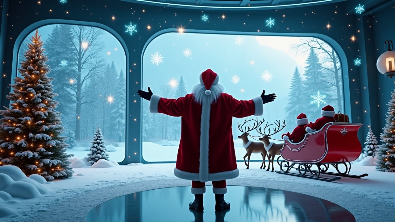 Cinematic image of Santa Claus in a modern room looking towards the camera with arms open in celebration. Holographic designs enhance the festive feel. Large windows display snowy woods and sky. Sleigh with reindeer is parked nearby. Wide shot features Santa surrounded by glowing models.