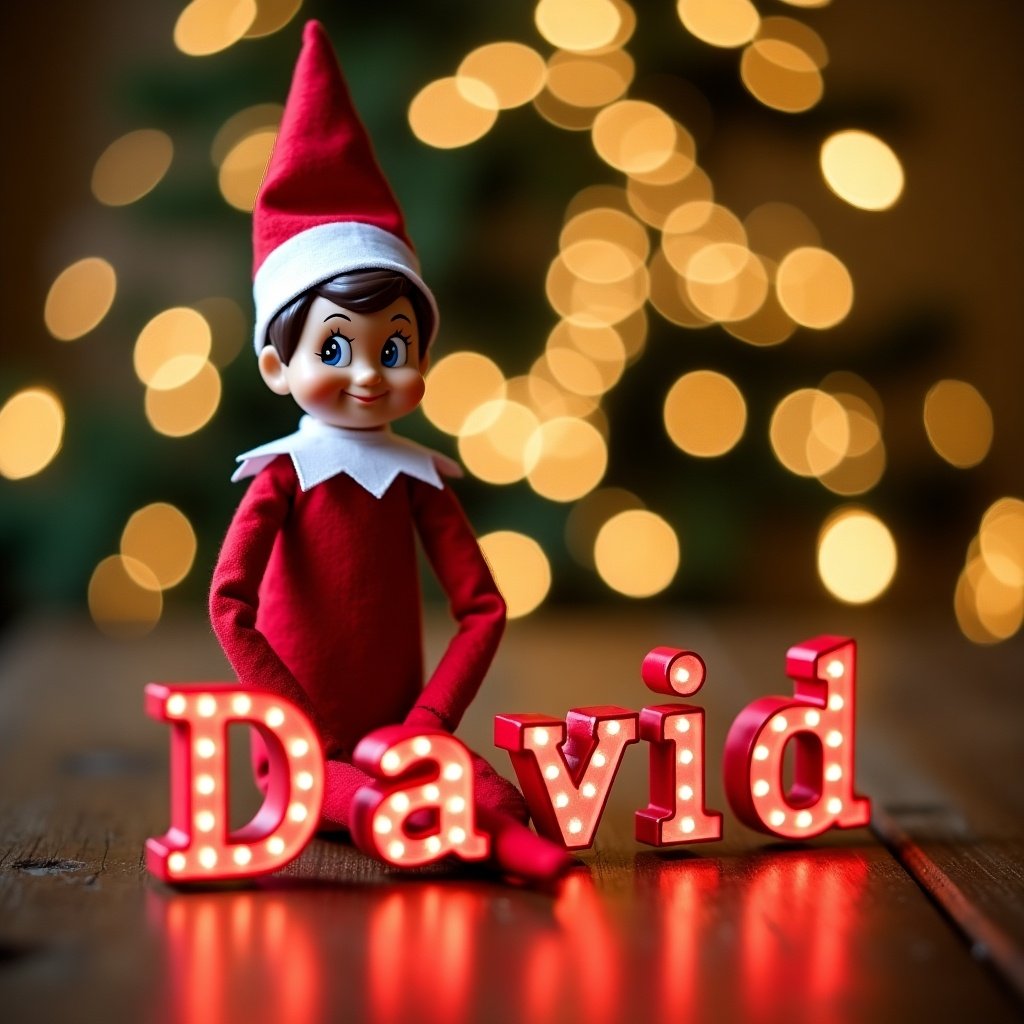 A cheerful Elf on the Shelf sits on a wooden surface. The elf wears a red and white outfit. Bright red letters spell out the name 'David'. A backdrop of soft golden lights creates a festive atmosphere. The scene radiates holiday magic and charm.