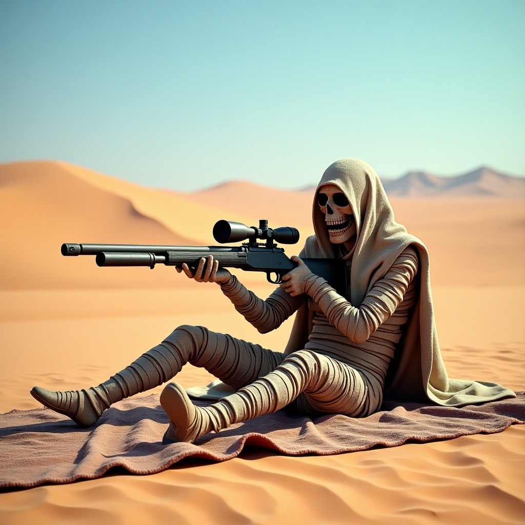 A rotting mummy with exposed bones sits on a patterned carpet in the vast desert. Sporting a sniper rifle, it is dressed in tattered cloth. The sandy dunes in the background stretch out under a clear blue sky. The scene combines elements of the supernatural with a military twist. This unique character presents a stark contrast to its dry surroundings, evoking a sense of strange adventure.