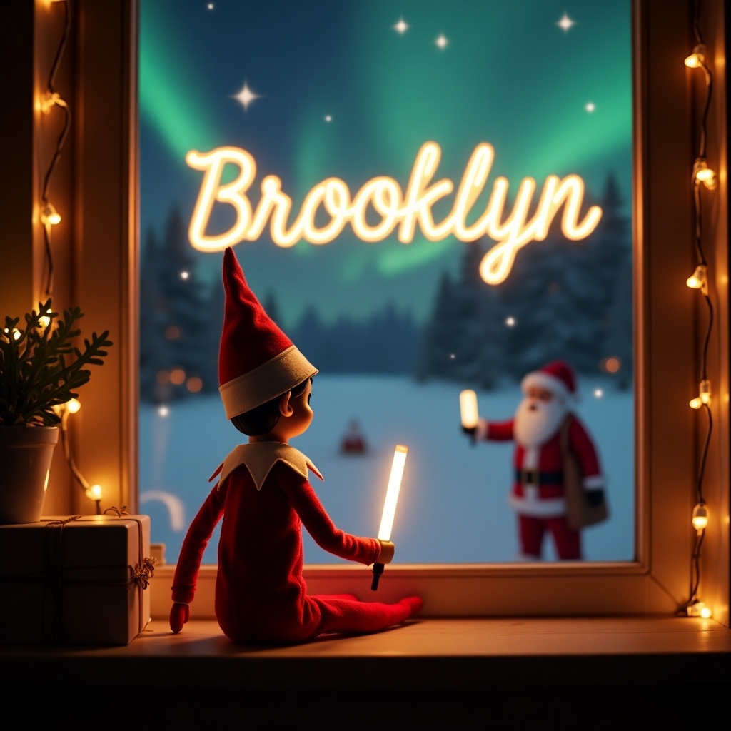 This image features an elf on the shelf character dressed in traditional red and white attire. The elf is sitting by a window, holding a glowing stick that forms the name 'Brooklyn' in soft light. Outside the window, a magical winter landscape is illuminated by sparkling northern lights, with Santa Claus visible in the background. The warm lighting from string lights enhances the festive atmosphere, evoking holiday cheer. This enchanting scene captures the joy and wonder of the Christmas season, making it perfect for holiday decorations and marketing.