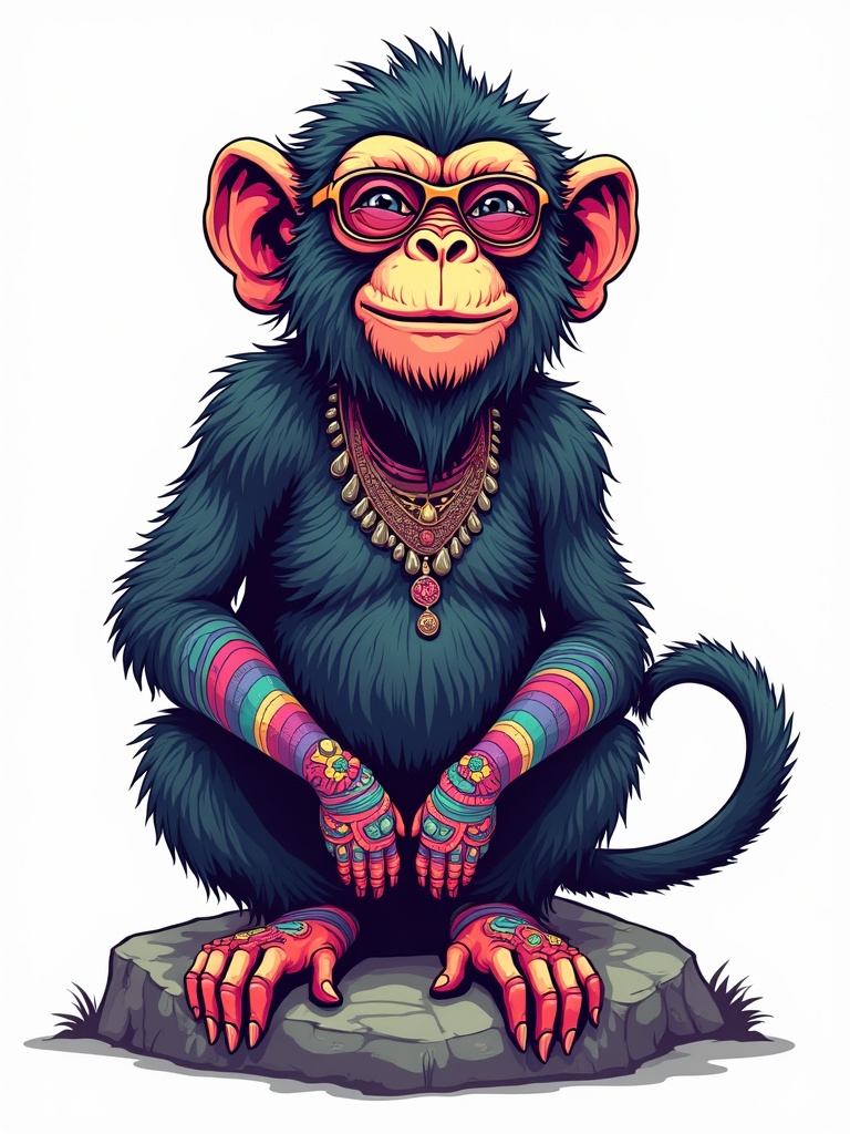 Happy monkey with colorful body art and jewelry sitting on a rock. Monkey is designed in a psychedelic style. Background is plain white. Illustration has surreal elements and pop culture vibes.