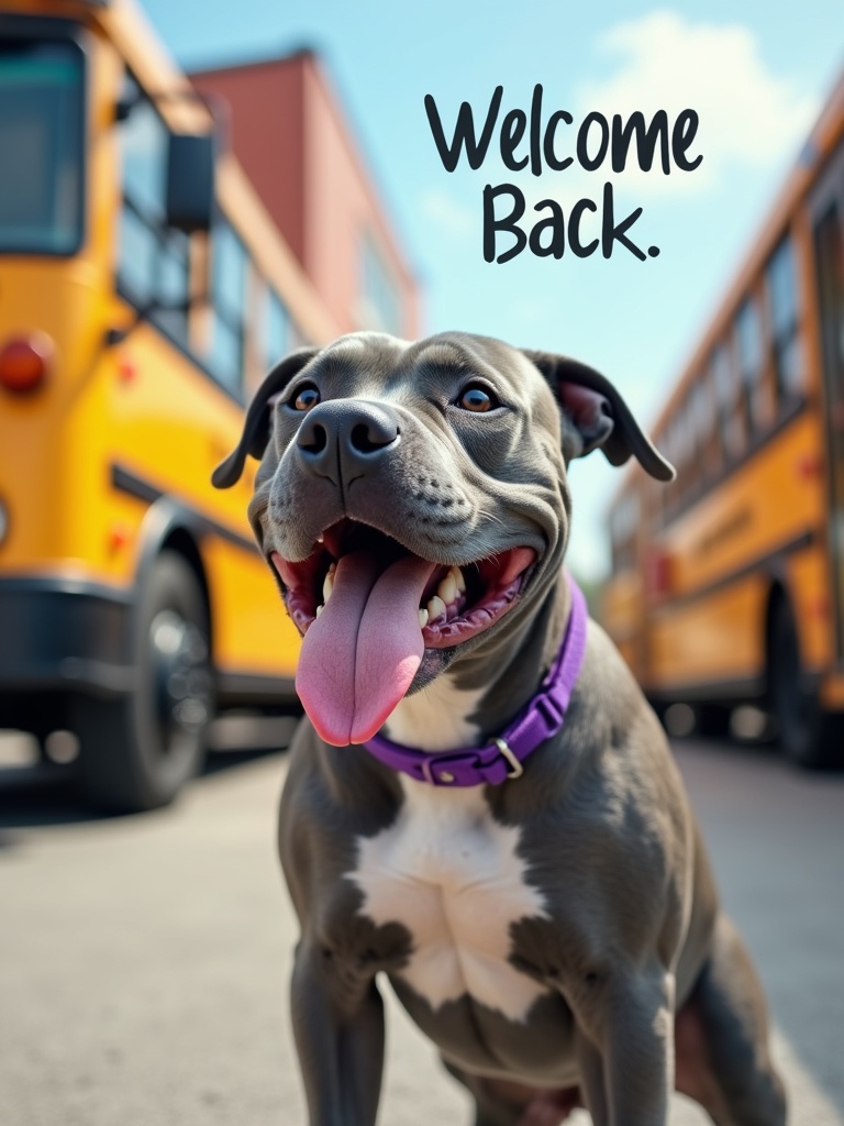 School building background with a school bus. A standing gray adult bulldog with a purple collar smiling. Words Welcome Back in the air.