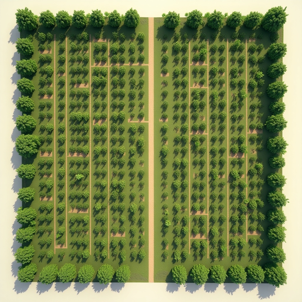 Design layout of a 4-acre agricultural land divided into three sections. Outer boundary with Casuarina trees as windbreak. Middle section with alternating rows of coconut and jackfruit trees. Inner core with mahogany trees. Clear 3-4 meter wide pathways included for access.