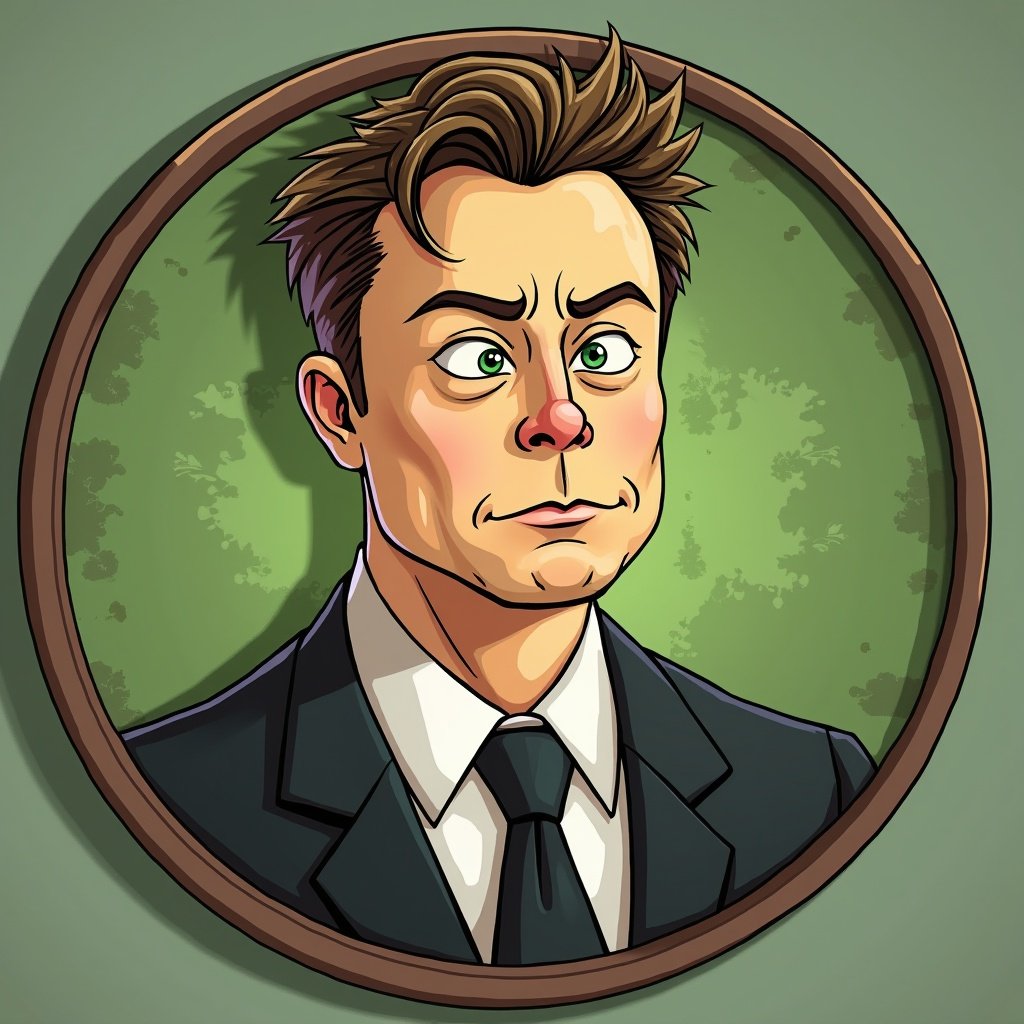 Cartoon style illustration features a businessman with hair styled like Elon Musk. Suit and tie shown. Framed portrait design adds a classic touch. The background is a solid green color reminiscent of The Grinch. Creates a humorous commentary on cryptocurrency culture.