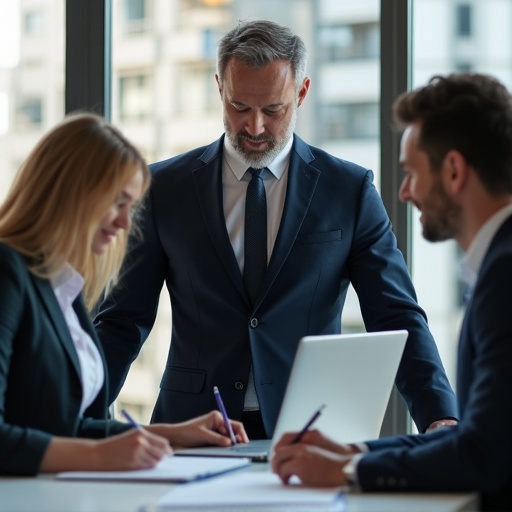 A business meeting with a boss and three assistants. The boss stands confidently. The team is engaged in writing notes in front of a laptop. The office has a modern and professional atmosphere.