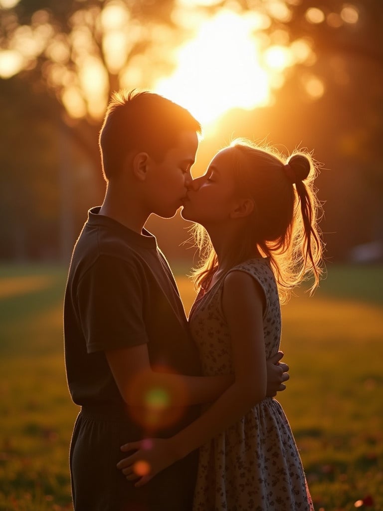 Girl and boy share a kiss in park. Sunset creates warm light. The scene captures a romantic moment.