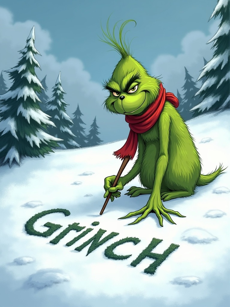 The Grinch is writing his name in the snow with a stick. Snow covers the hills. Evergreen trees stand in the background. The Grinch is green and wears a red scarf.