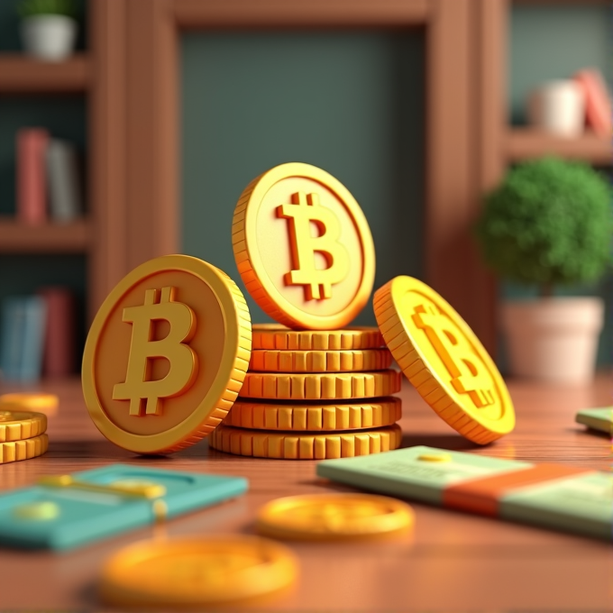 A stack of shiny golden coins with the Bitcoin logo sits on a wooden table, surrounded by books and indoor plants, suggesting a modern financial setting.