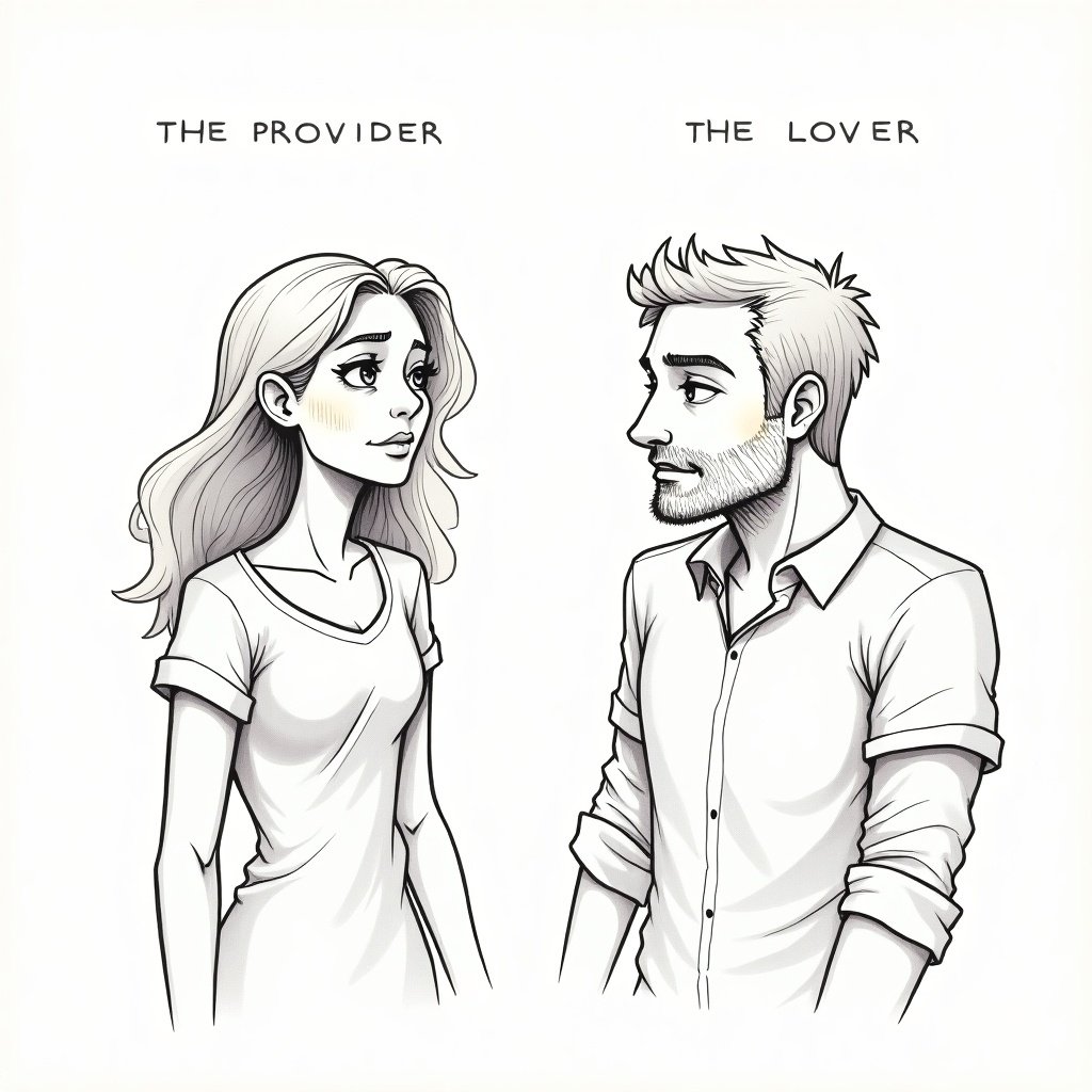 Sketch illustrating emotional contrasts in relationships. Depicts same woman with two different men. First man labeled as provider shows frustration. Woman appears sullen beside him. Second man labeled as lover appears strong and happy. Woman gazes lovingly at him. Provider man is oblivious to lover's presence.