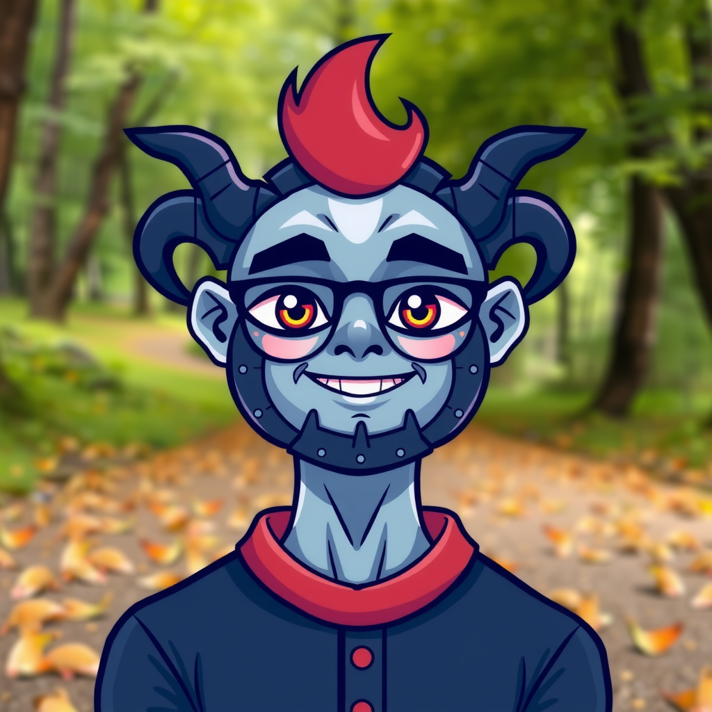 A smiling cartoon demon character with glasses and red hair stands on a leafy forest path.