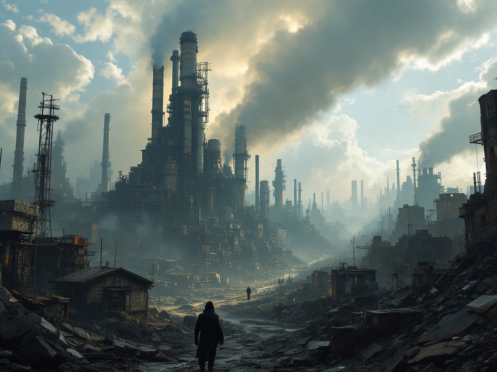 A sprawling post-apocalyptic industrial wasteland is depicted. Factories tower in the background. Humanity survives amidst decay. Skies are filled with ash. Sunlight rarely penetrates the smog. The scene features hyperrealistic graphics with detailed textures.