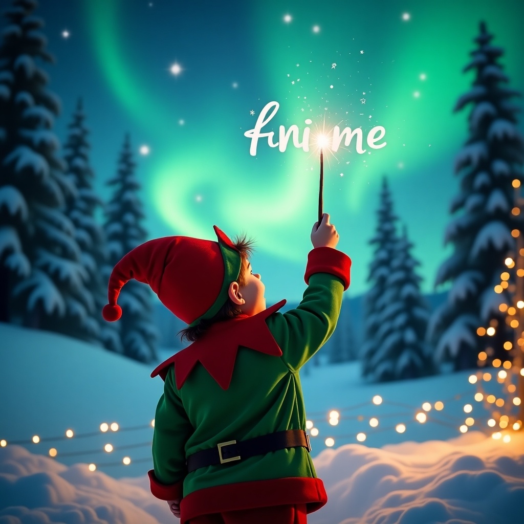 A whimsical scene showcases a child dressed in an elf costume, facing away from the viewer. The child is gazing up at a stunning sky filled with vibrant northern lights, holding a wand that sparkles as they write a name in the air. The backdrop is a serene winter landscape adorned with snow-covered trees, enhancing the magical ambiance. Twinkling fairy lights illuminate the foreground, contributing to a cozy, festive atmosphere. This enchanting image encapsulates the joy and wonder of the holiday season, perfect for a range of cheerful holiday-themed projects.