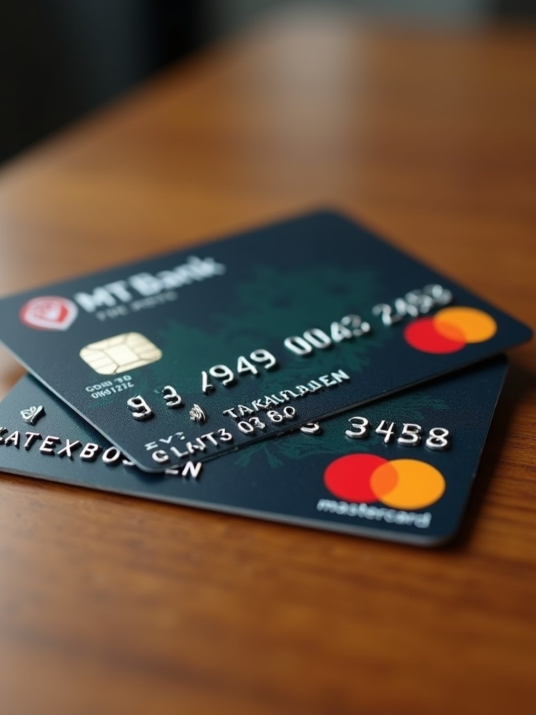 Realistic image of credit cards on an ordinary table. Cards display Mastercard logo and M&T Bank branding. Card number and name Terrell VonRueden are visible. Expiry date shown. Cards are straight and perpendicular to view.