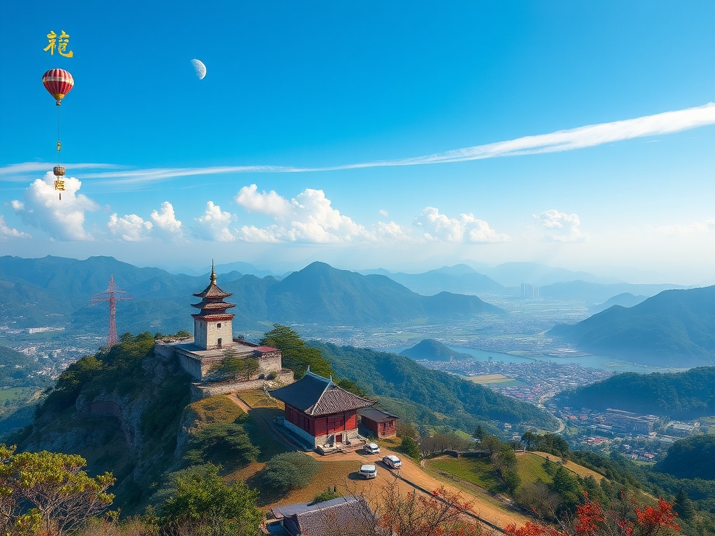 A tranquil pagoda overlooks a lush valley with a hot air balloon and blue skies above.