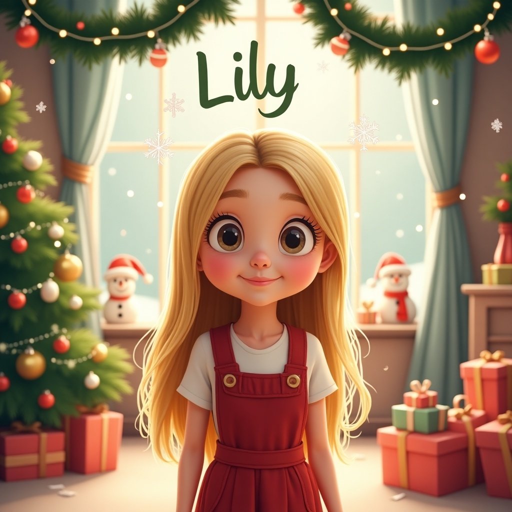 Cartoon character with straight blonde hair in a Christmas setting. Background features a decorated tree, snowman decorations, and presents. The girl is smiling and has the name 'Lily' written above her.