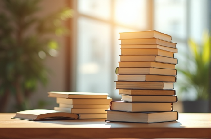 A stack of books on a wooden table lit by warm sunlight from a large window.