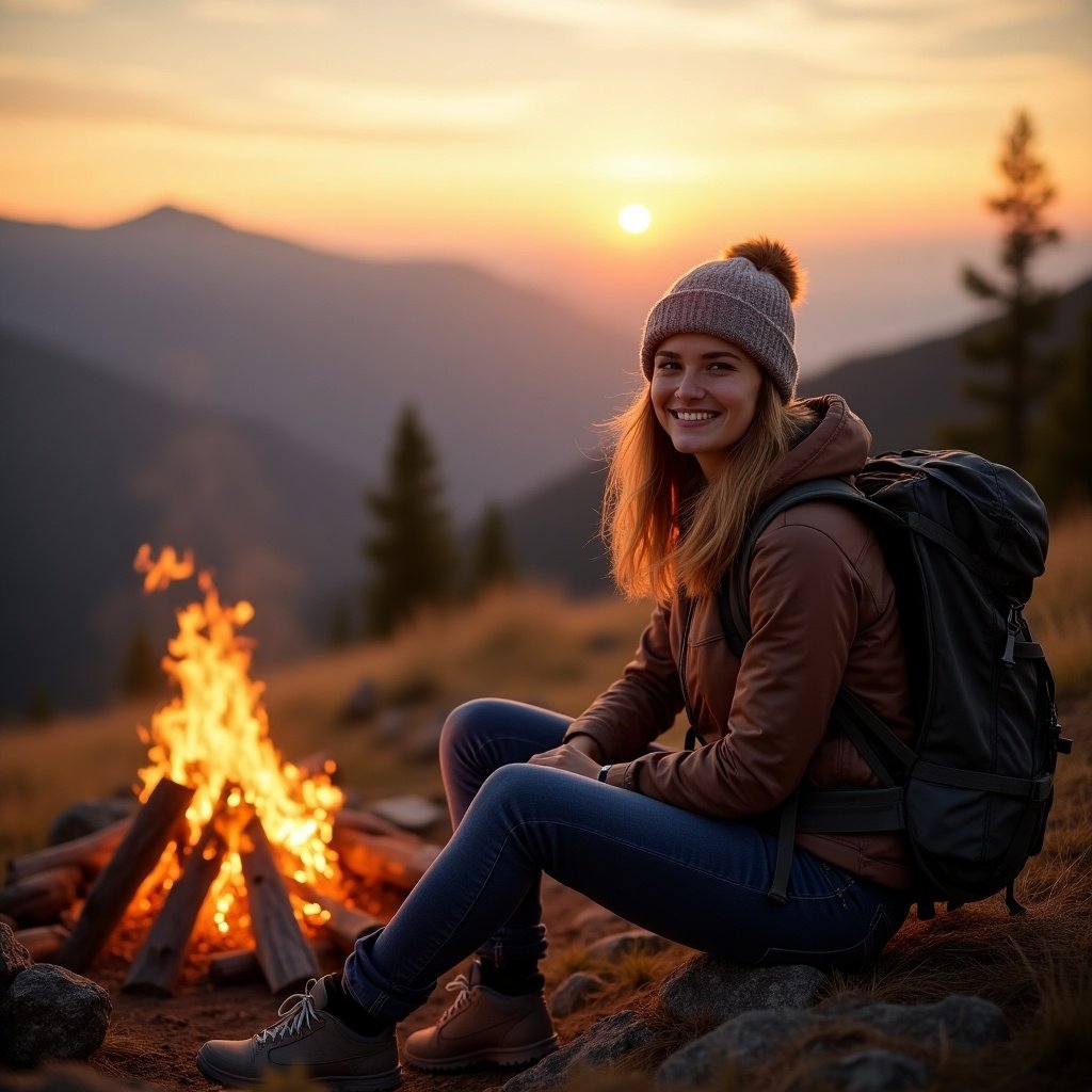 A young woman sits by a campfire at sunset in the mountains. She wears casual hiking attire and has a backpack. She appears happy and relaxed.