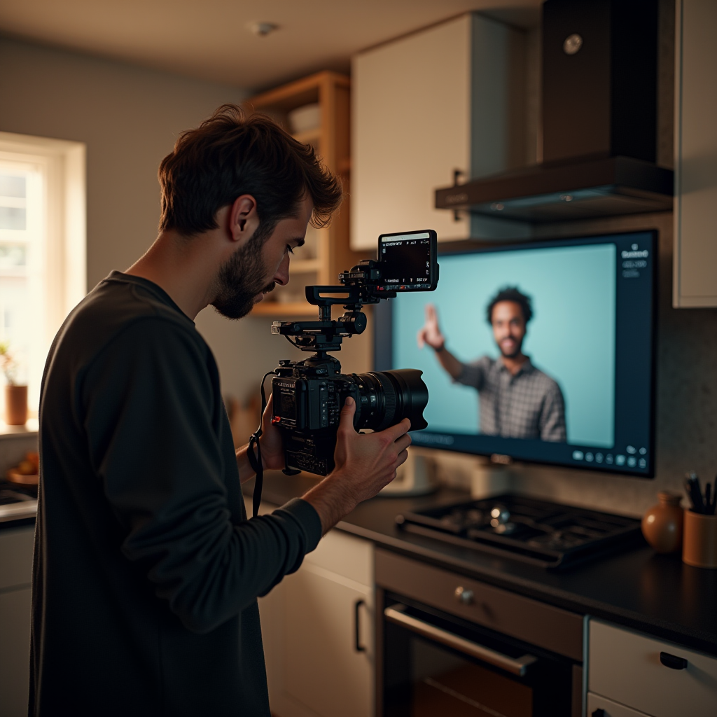 A man in a kitchen records a video on a professional camera with a screen showing someone in focus.