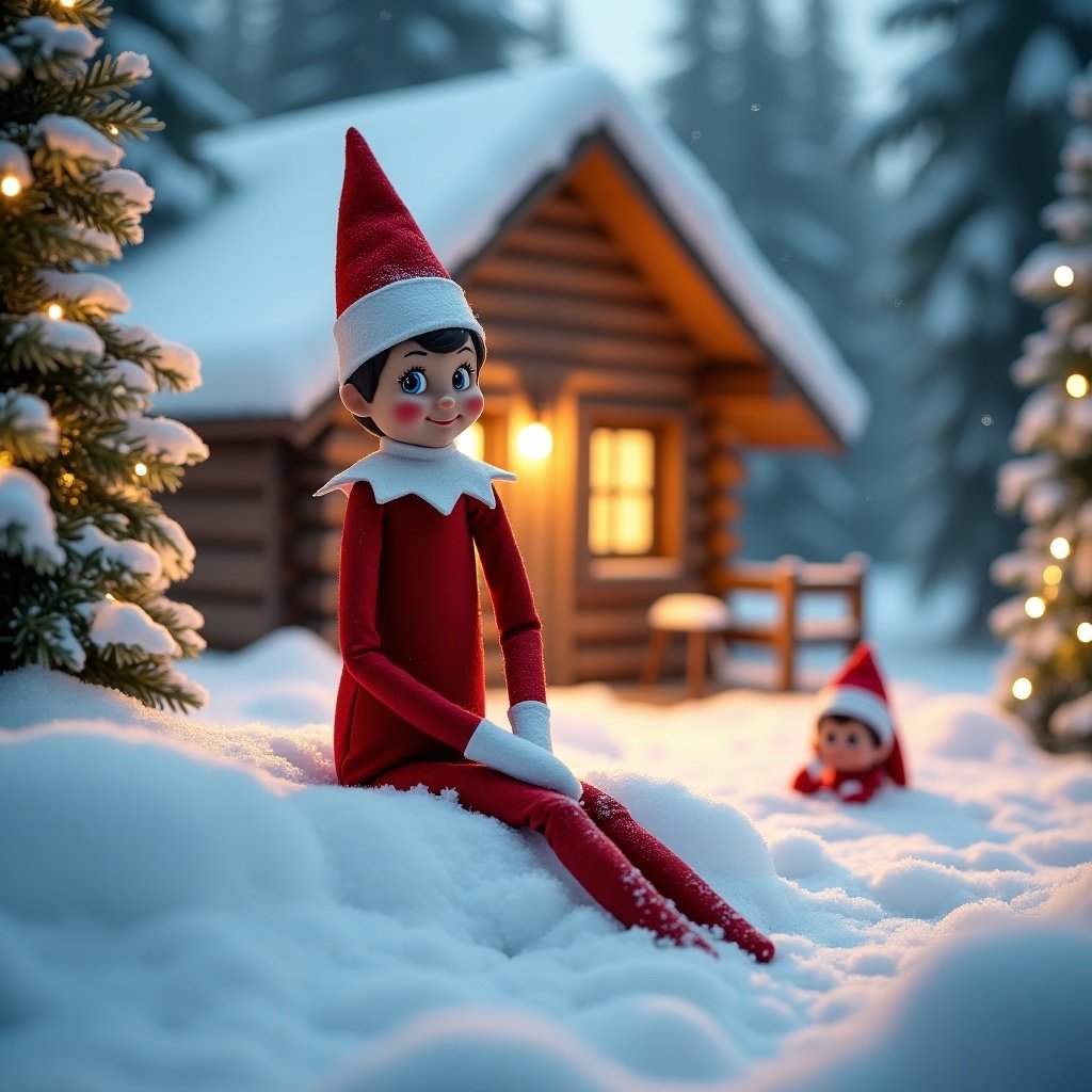 Elf on shelf sits happily in snowy landscape. Bright red outfit with white collar and festive hat. Cozy cabin behind with warm light creating magical holiday scene. Ground covered in soft white snow. Decorated trees with twinkling lights enhance peaceful winter atmosphere.