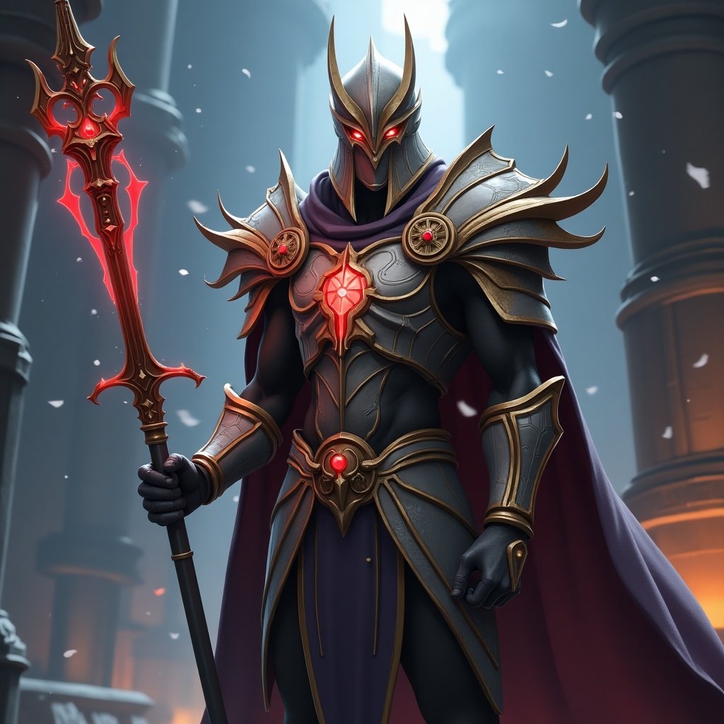 The character stands confidently wearing ornate armor with a cape. The setting has dramatic lighting and ancient architecture, suggesting a fantasy realm. The character holds a staff with a glowing orb, emphasizing power and mystique.